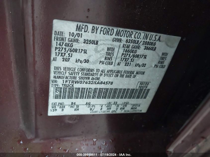 2002 Ford F-150 Lariat/Xlt VIN: 1FTRW07632KA84578 Lot: 39918511