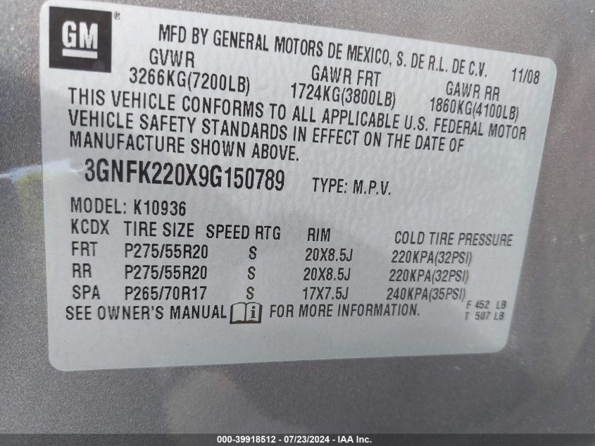 2009 Chevrolet Avalanche 1500 Lt2 VIN: 3GNFK220X9G150789 Lot: 39918512
