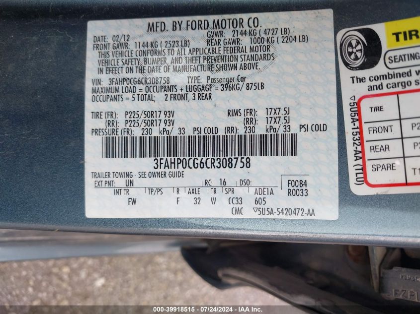 2012 Ford Fusion Sel VIN: 3FAHP0CG6CR308758 Lot: 39918515