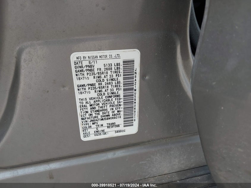 2011 Nissan Murano Sl VIN: JN8AZ1MU5BW069218 Lot: 39918521