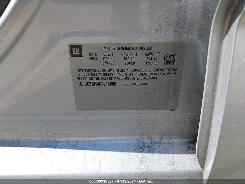 2012 Chevrolet Sonic 2Lt VIN: 1G1JC5SH4C4215608 Lot: 39918527