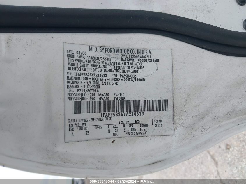 2000 Ford Taurus Se VIN: 1FAFP5326YA214633 Lot: 39918544