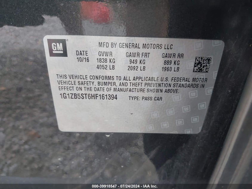 2017 Chevrolet Malibu Ls VIN: 1G1ZB5ST6HF161394 Lot: 39918547