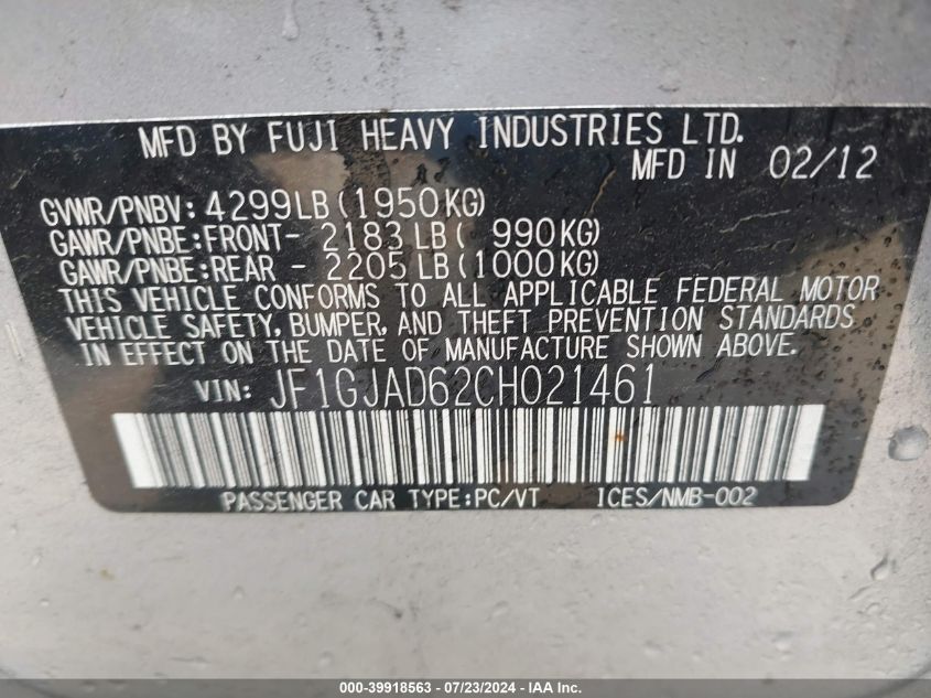 2012 Subaru Impreza 2.0I Premium VIN: JF1GJAD62CH021461 Lot: 39918563