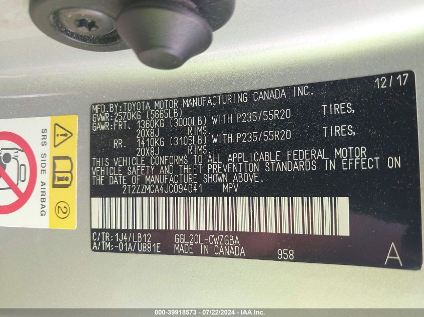 2018 Lexus Rx 350 VIN: 2T2ZZMCA4JC094041 Lot: 39918573