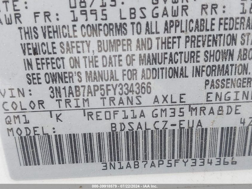 2015 Nissan Sentra S VIN: 3N1AB7AP5FY334366 Lot: 39918579