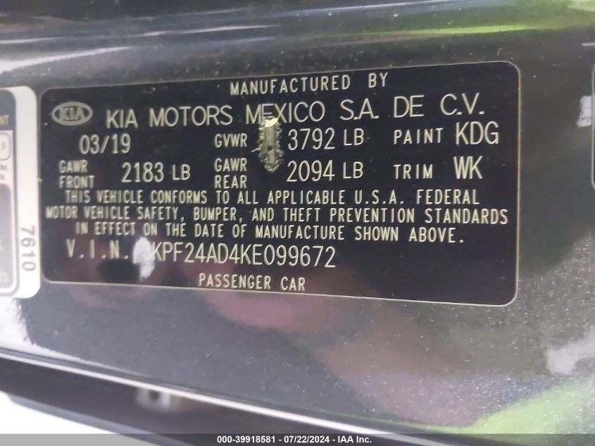 2019 Kia Forte Lxs VIN: 3KPF24AD4KE099672 Lot: 39918581