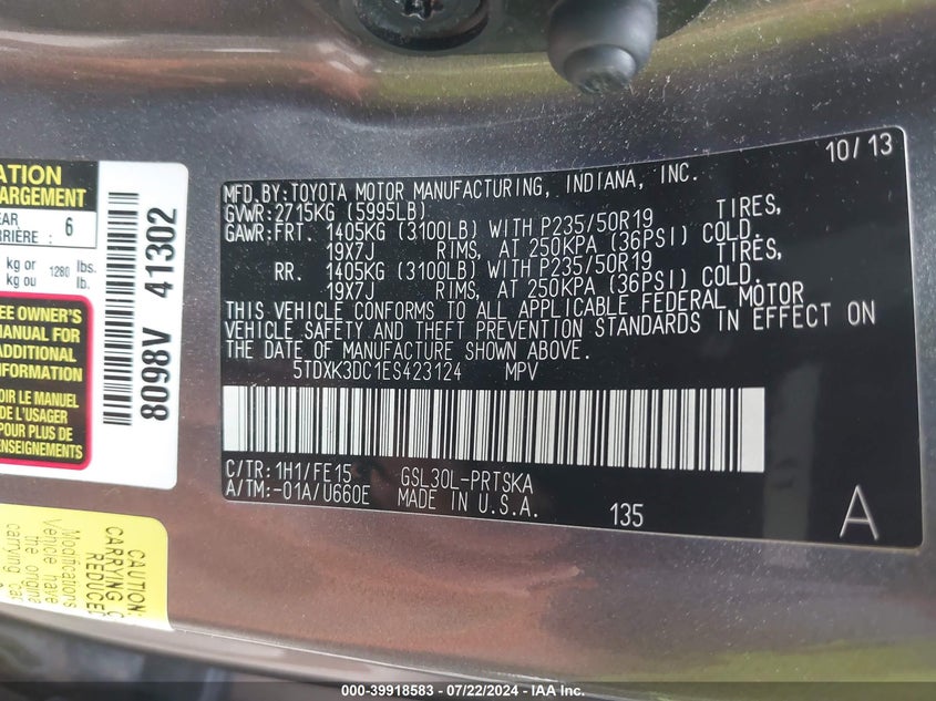 2014 Toyota Sienna Se 8 Passenger VIN: 5TDXK3DC1ES423124 Lot: 39918583