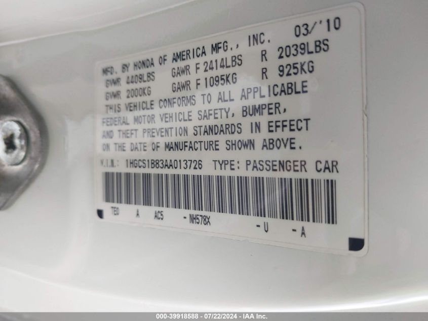 2010 Honda Accord 2.4 Ex-L VIN: 1HGCS1B83AA013726 Lot: 39918588