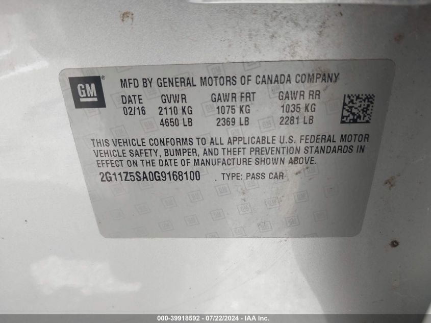 2016 Chevrolet Impala Ls VIN: 2G11Z5SA0G9168100 Lot: 39918592