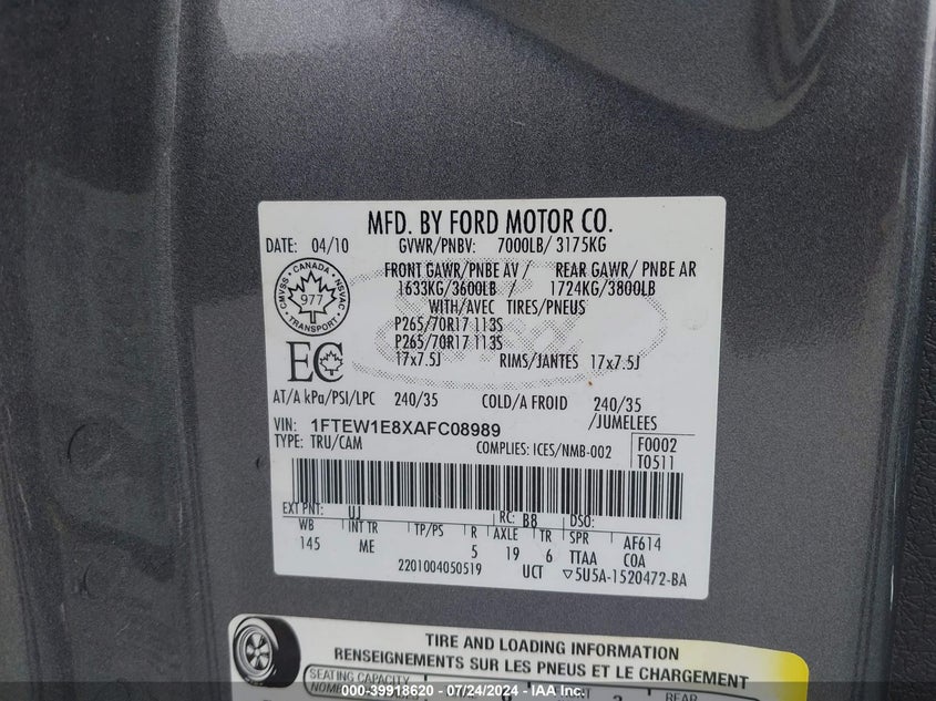 2010 Ford F-150 Xl/Xlt VIN: 1FTEW1E8XAFC08989 Lot: 39918620