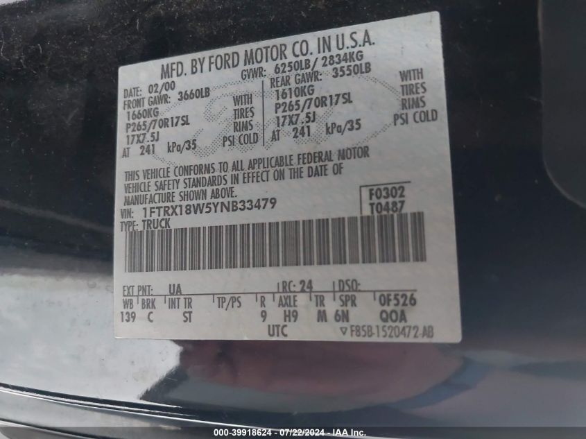 2000 Ford F-150 Lariat/Work Series/Xl/Xlt VIN: 1FTRX18W5YNB33479 Lot: 39918624