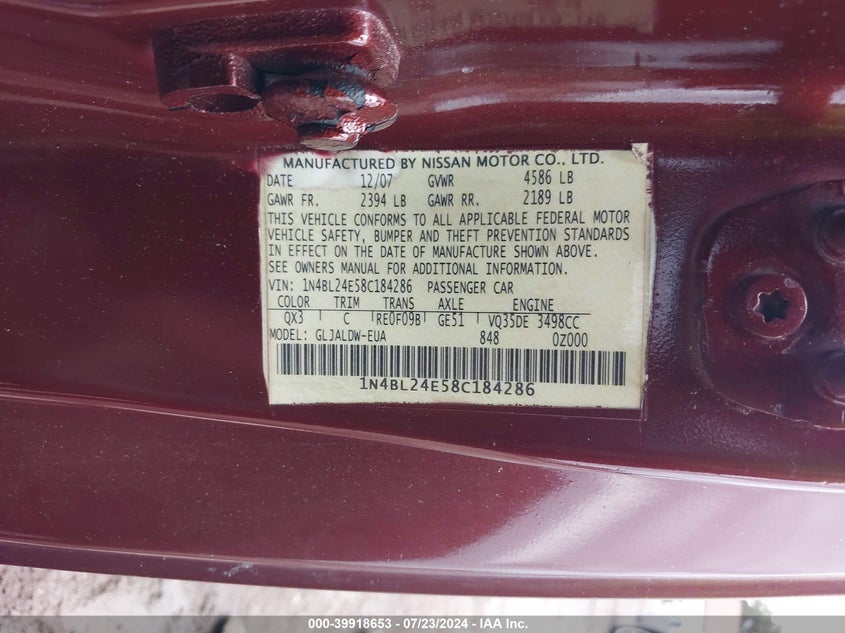 2008 Nissan Altima 3.5 Se VIN: 1N4BL24E58C184286 Lot: 39918653