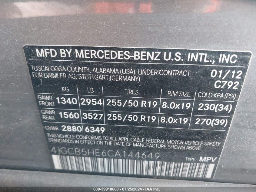 4JGCB5HE6CA144649 2012 Mercedes-Benz R 350 4Matic