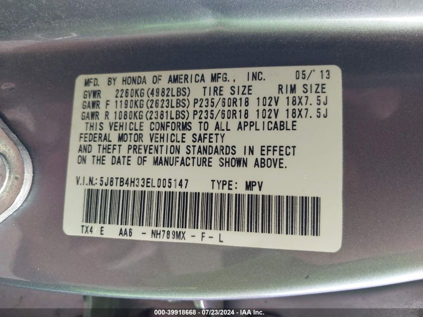 2014 Acura Rdx VIN: 5J8TB4H33EL005147 Lot: 39918668