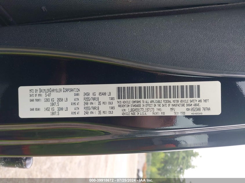 2007 Jeep Wrangler Unlimited Sahara VIN: 1J8GA59177L197173 Lot: 39918672