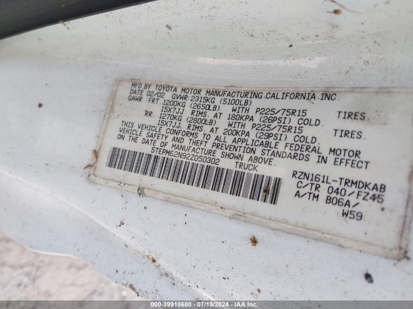 2002 Toyota Tacoma VIN: 5TEPM62N92Z050302 Lot: 39918680