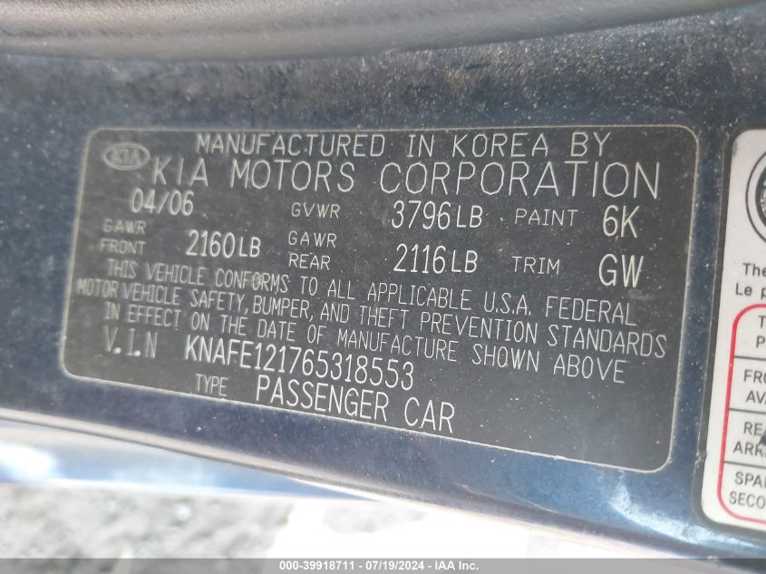 KNAFE121765318553 | 2006 KIA SPECTRA