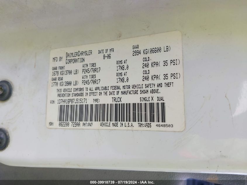 2007 Dodge Ram 1500 Slt VIN: 1D7HA16P87J515171 Lot: 39918739