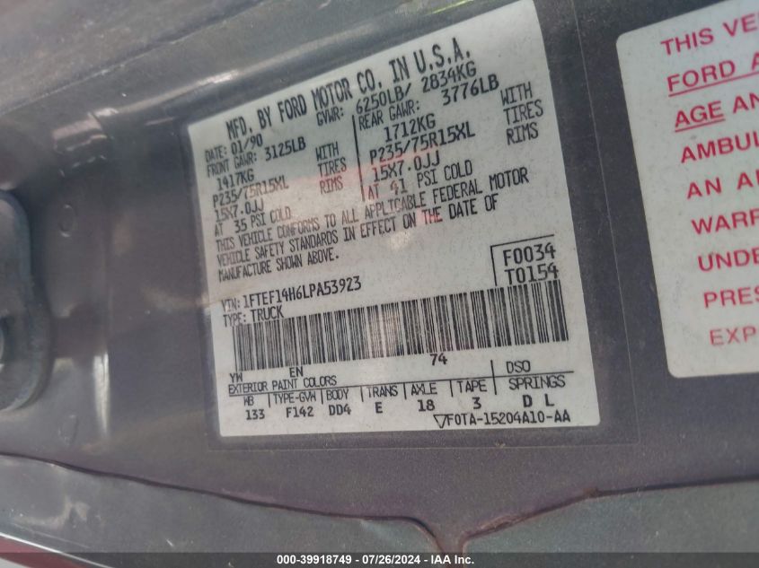 1990 Ford F150 VIN: 1FTEF14H6LPA53923 Lot: 39918749