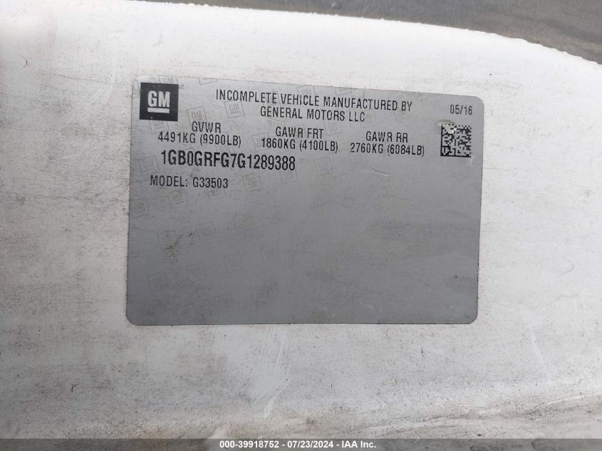 2016 Chevrolet Express G3500 VIN: 1GB0GRFG7G1289388 Lot: 39918752
