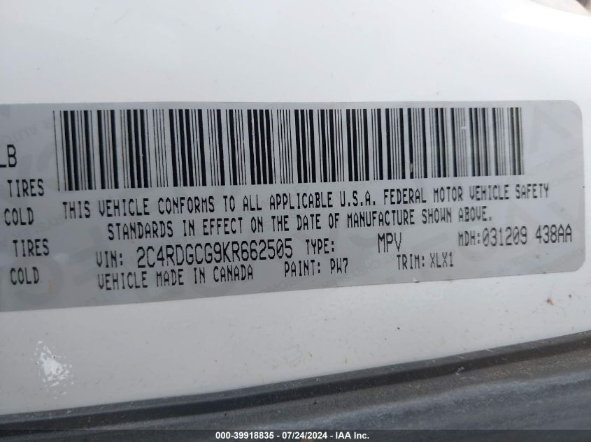 2019 Dodge Grand Caravan Sxt VIN: 2C4RDGCG9KR662505 Lot: 39918835