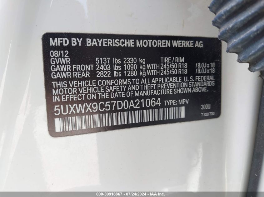 2013 BMW X3 xDrive28I VIN: 5UXWX9C57D0A21064 Lot: 39918867