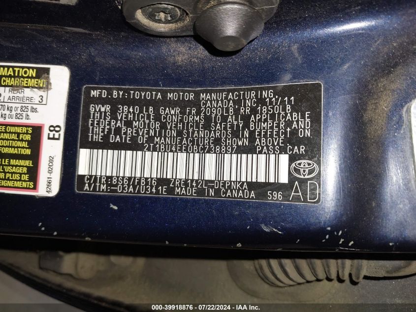 2011 Toyota Corolla Le VIN: 2T1BU4EE0BC738897 Lot: 39918876