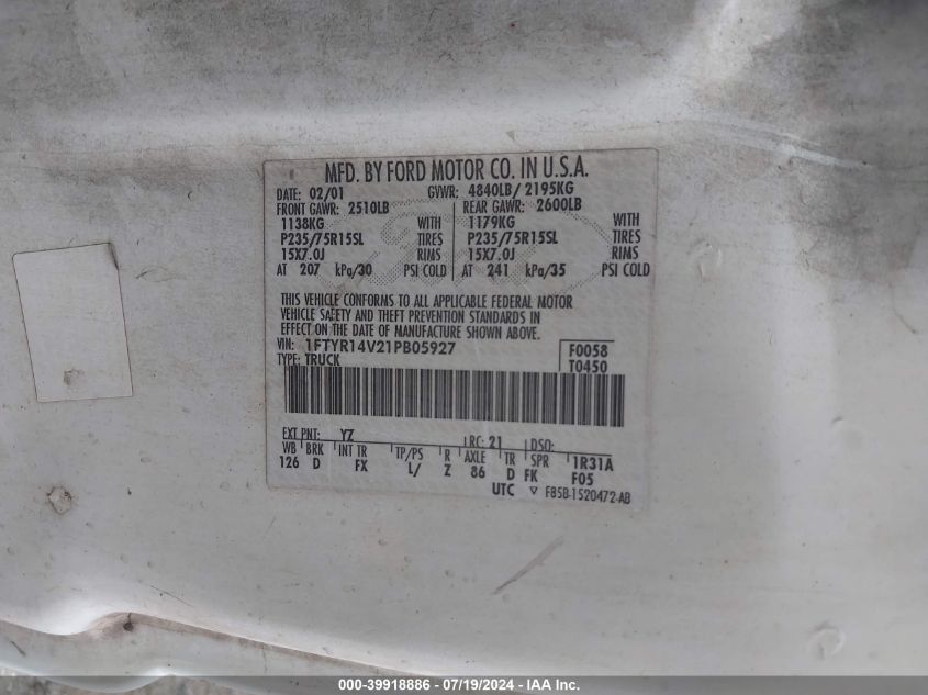 2001 Ford Ranger Edge/Xl/Xlt VIN: 1FTYR14V21PB05927 Lot: 39918886