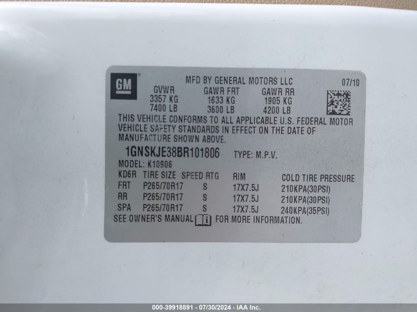 2011 Chevrolet Suburban 1500 Lt1 VIN: 1GNSKJE38BR101806 Lot: 39918891