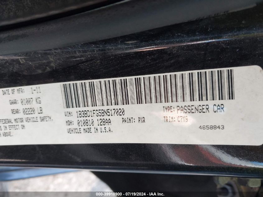 2011 Dodge Avenger Mainstreet VIN: 1B3BD1FG5BN517020 Lot: 39918900