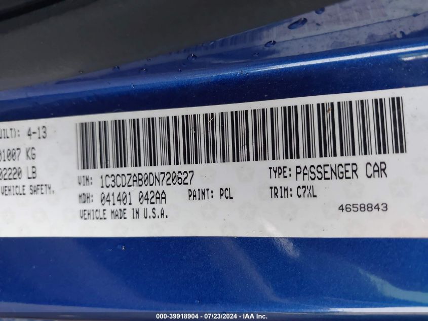 2013 Dodge Avenger Se VIN: 1C3CDZAB0DN720627 Lot: 39918904