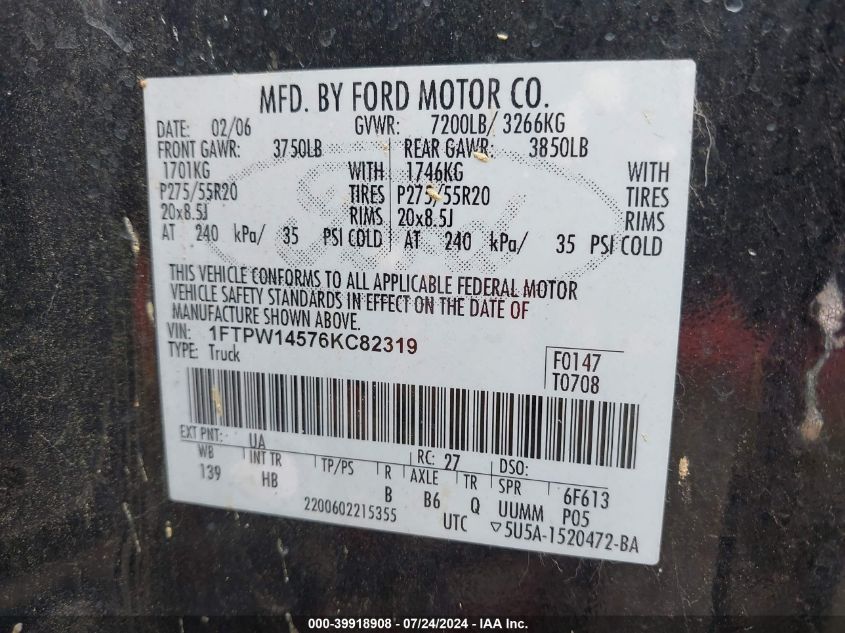 2006 Ford F150 Supercrew VIN: 1FTPW14576KC82319 Lot: 39918908