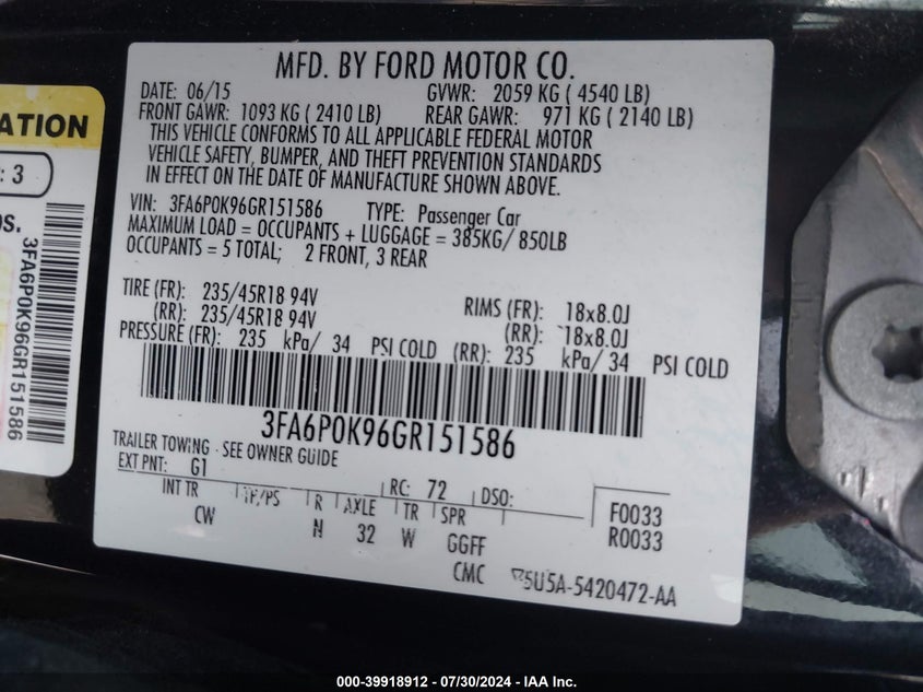 2016 Ford Fusion Titanium VIN: 3FA6P0K96GR151586 Lot: 39918912