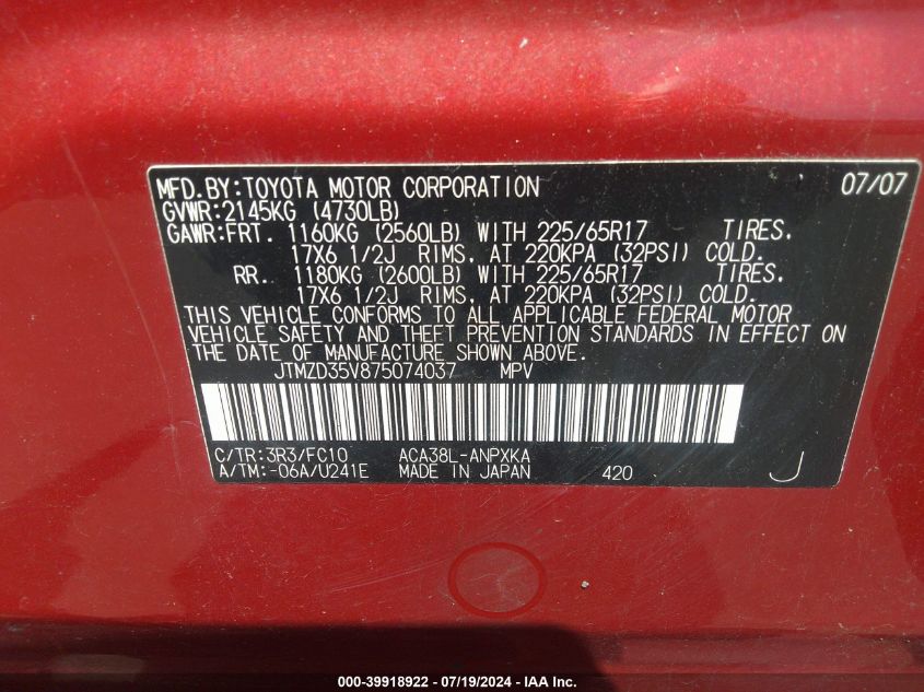 2007 Toyota Rav4 VIN: JTMZD35V875074037 Lot: 39918922