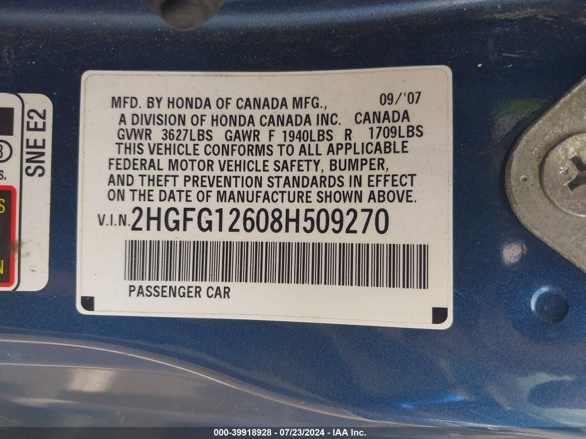 2008 Honda Civic Lx VIN: 2HGFG12608H509270 Lot: 39918928