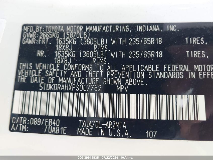 2023 Toyota Highlander Xle VIN: 5TDKDRAHXPS007762 Lot: 39918935