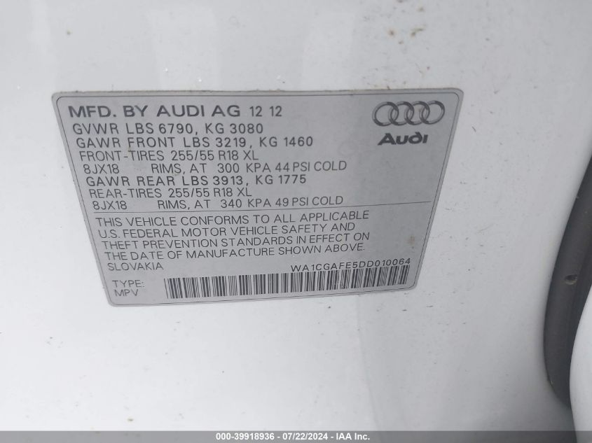 2013 Audi Q7 3.0T Premium VIN: WA1CGAFE5DD010064 Lot: 39918936