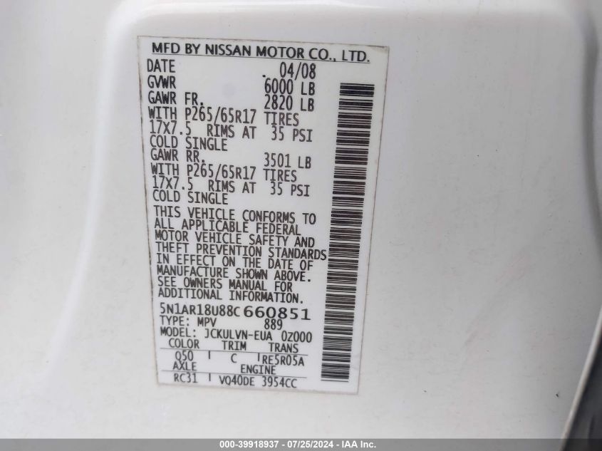 2008 Nissan Pathfinder Le VIN: 5N1AR18U88C660851 Lot: 39918937
