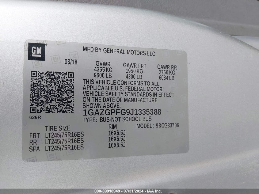 2018 CHEVROLET EXPRESS 3500 LT - 1GAZGPFG9J1335388