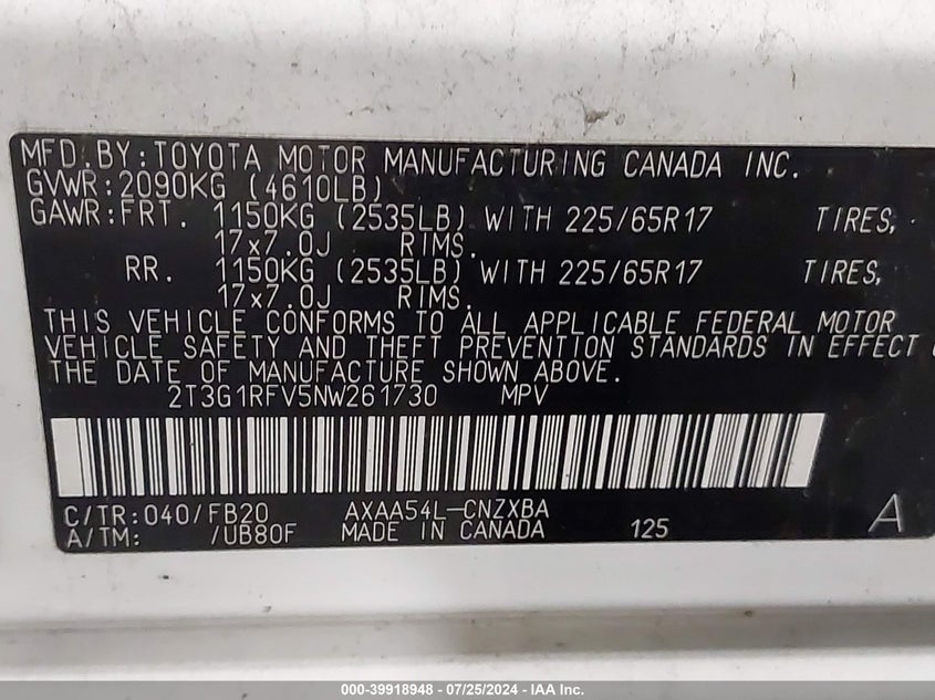 2022 TOYOTA RAV4 LE - 2T3G1RFV5NW261730
