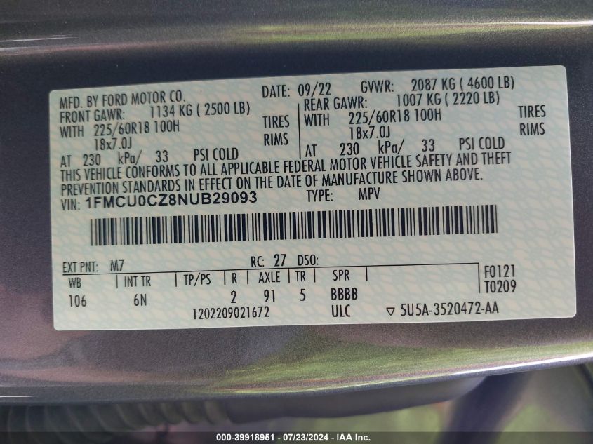 2022 Ford Escape Sel Hybrid VIN: 1FMCU0CZ8NUB29093 Lot: 39918951