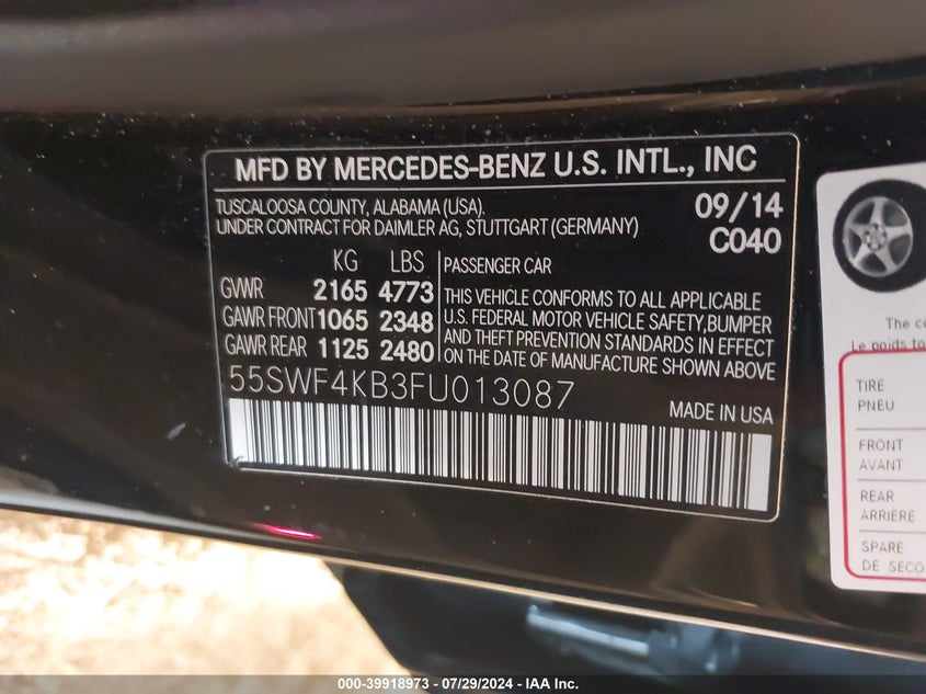 2015 Mercedes-Benz C 300 4Matic/Luxury 4Matic/Sport 4Matic VIN: 55SWF4KB3FU013087 Lot: 39918973