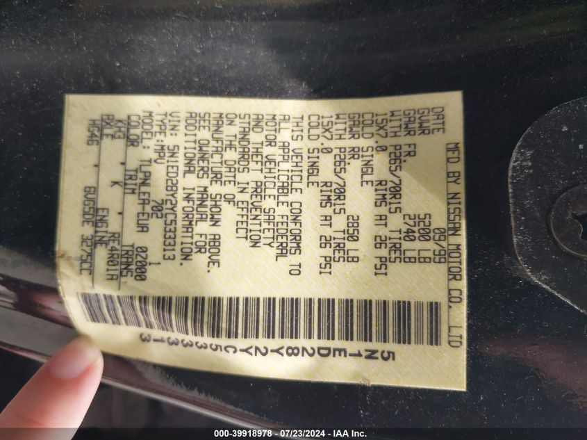 2000 Nissan Xterra Se/Xe VIN: 5N1ED28Y2YC533313 Lot: 39918978