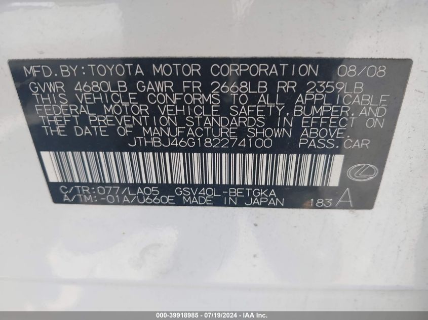 2008 Lexus Es 350 VIN: JTHBJ46G182274100 Lot: 39918985