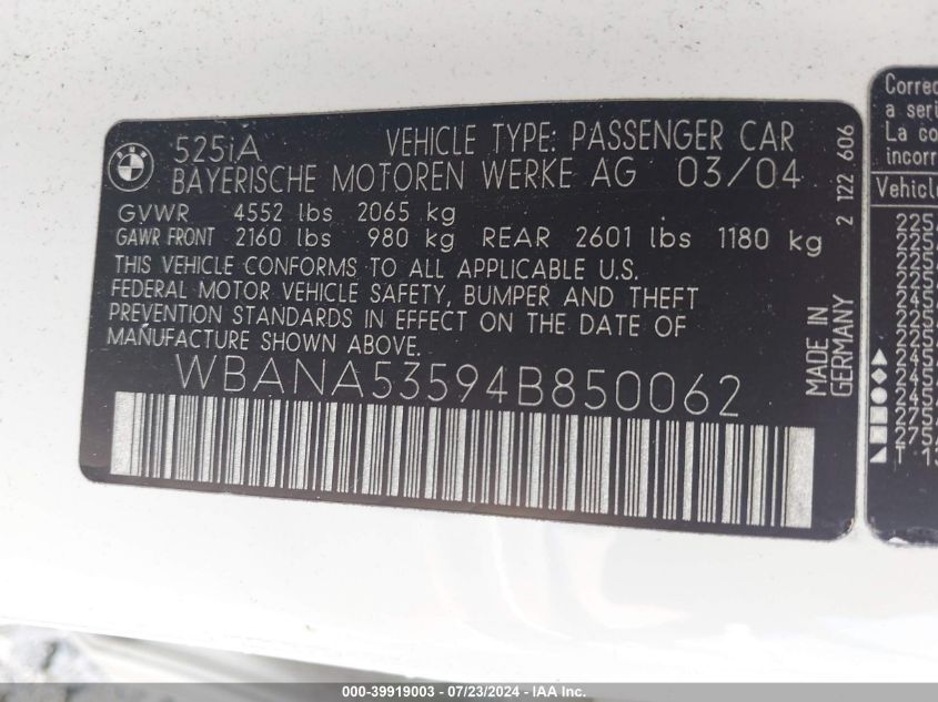 2004 BMW 525 I VIN: WBANA53594B850062 Lot: 39919003