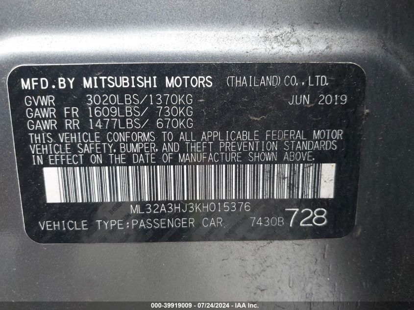 2019 Mitsubishi Mirage Rf VIN: ML32A3HJ3KH015376 Lot: 39919009