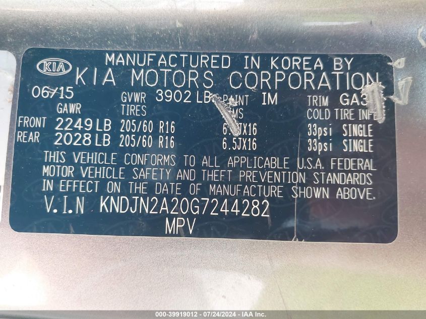2016 Kia Soul VIN: KNDJN2A20G7244282 Lot: 39919012