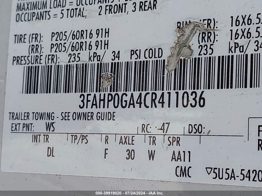 2012 Ford Fusion S VIN: 3FAHP0GA4CR411036 Lot: 39919020