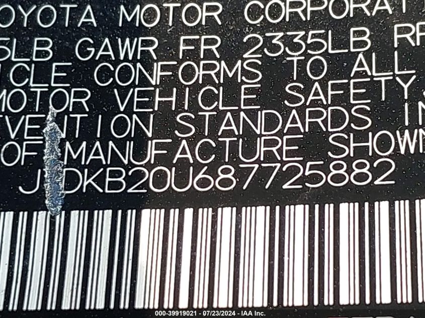 2008 Toyota Prius VIN: JTDKB20U687725882 Lot: 39919021